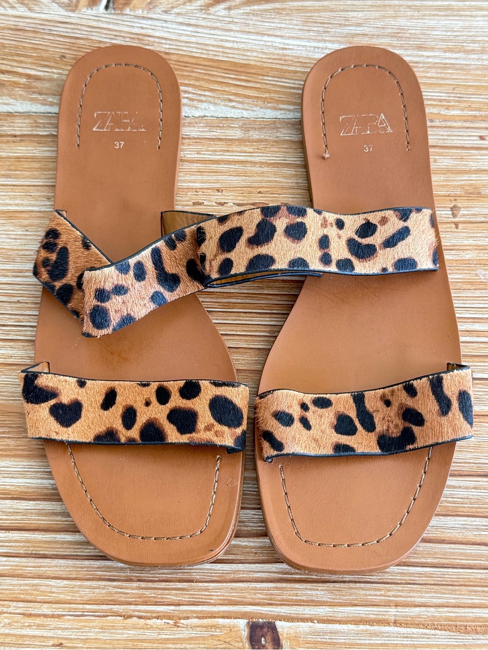 Zara Leopard Print Brown Tan Slide Sandals